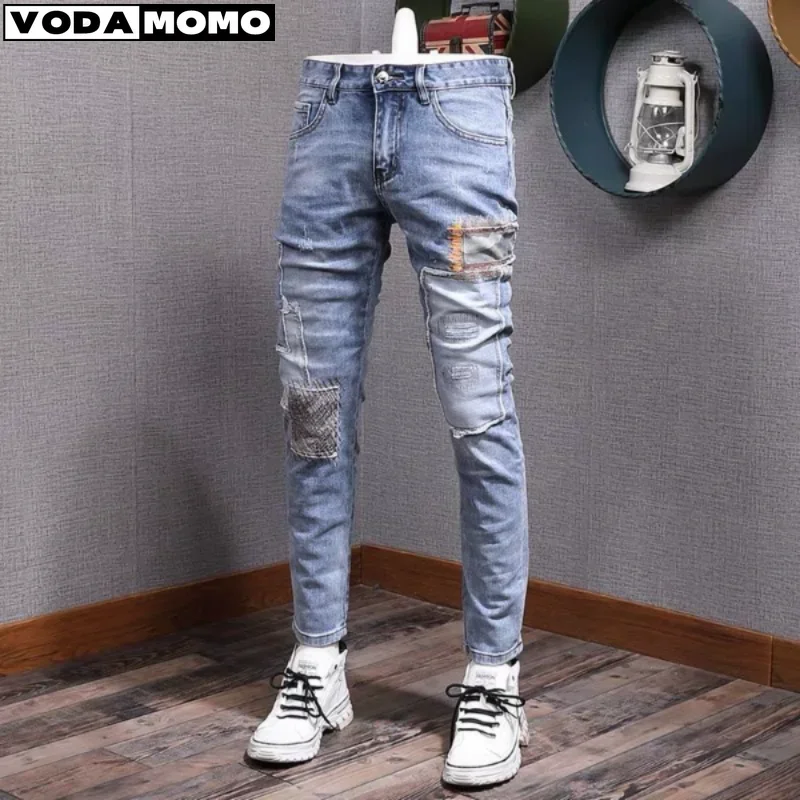 

2025 Brand Clothing Biker Jeans Men Streetwear Long Slim Denim Pant Skinny Mid Waist Slight Elastic Cotton Trousers Male