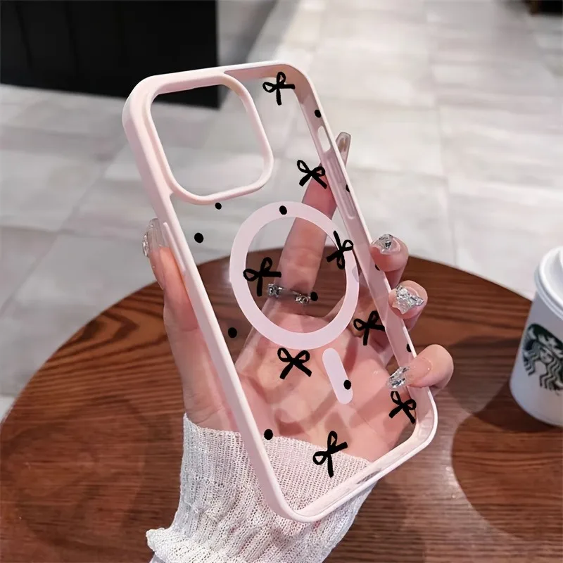 

For iPhone 17 16 15 14 13 12 11 Pro Max Case Black Dots Bow Pattern Magnetic Clear Cover For iPone 17 Air 16 15 Plus 16E Fundas