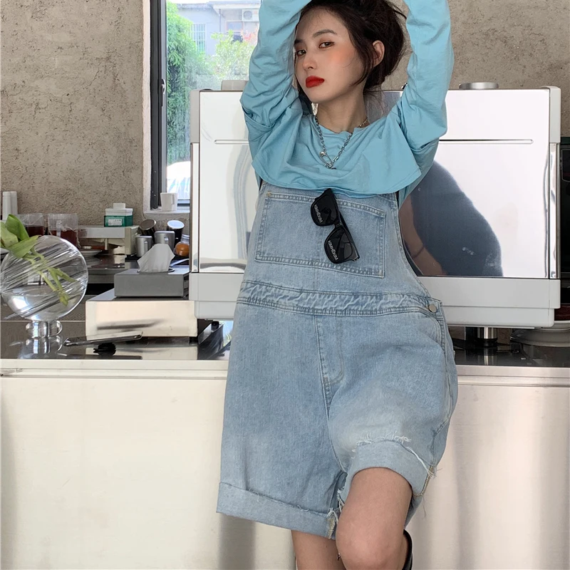 

Simple Playsuits Womens Blue Denim Retro Loose Casual Pockets Wide Leg Tassel Vintage Harajuku Korean Style Popular Lady Rompers