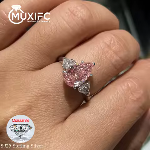 MUXIFC Pear Cut Moissanite Ring for Women Pink 3 Stone D Color Lab Diamond Wedding Band S925 Sterling Silver Fine Jewelry Gift