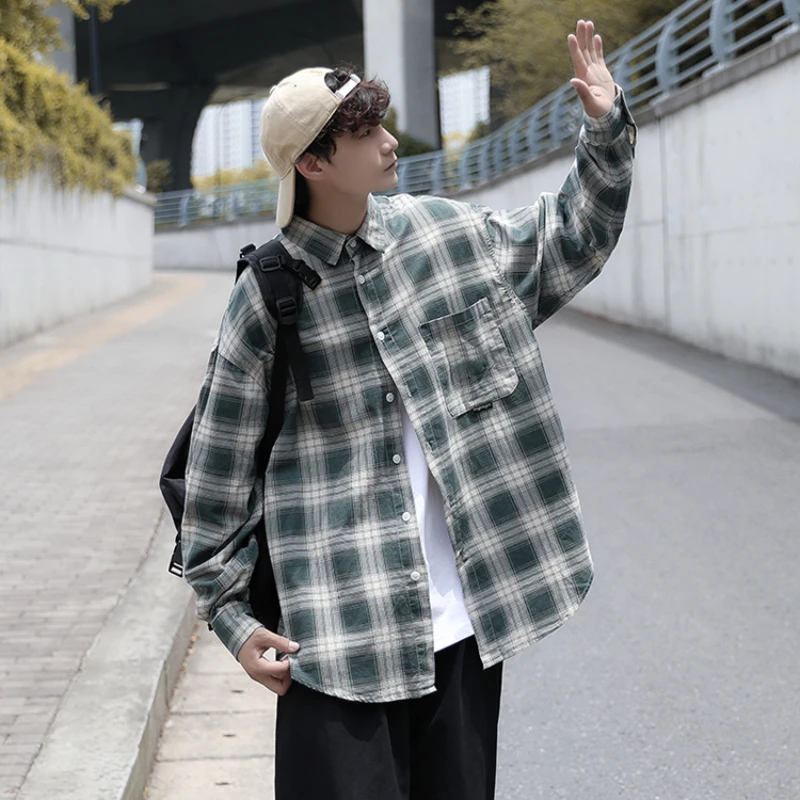 Heren Overhemden Casual Streetwear Jeugdige Geruite Losse Tieners In Japanse Stijl Vitaliteit High Street Lange Mouw Herfst All-Match