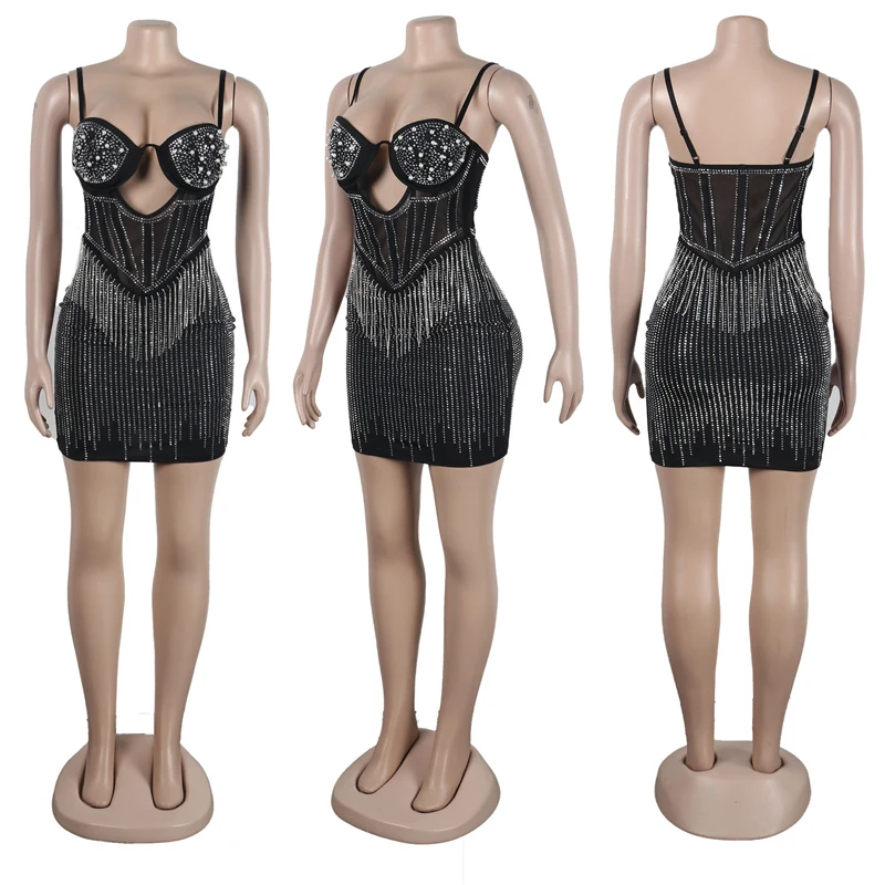 Vestido de cumpleaños con diamantes y perlas brillantes para mujer, vestidos cortos para fiesta de graduación con tirantes finos y espalda descubierta de malla transparente con parches