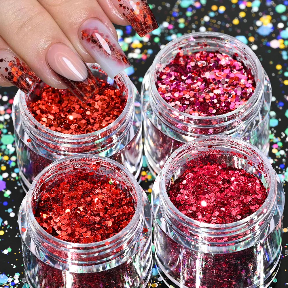 3/4/5pcs Valentine's Day Red Nail Art Glitter Sequins Set Mixed-size  Laser Nail Glitter Flakes Holographic Hexagon Sequins &*&