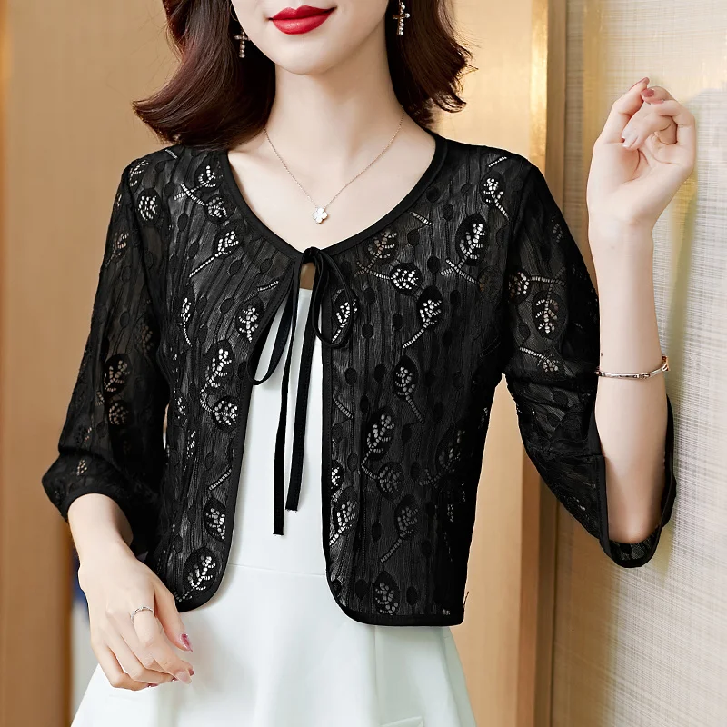 

#5341 Black White Suncreeen Jacket Women Thin Perspective Hollow Out Lace Coat Female Half Sleeve Cardigan Kimono Jacket Summer