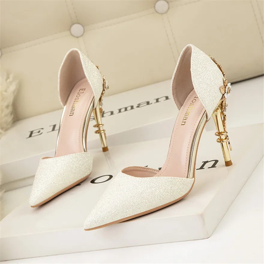 2024 New Sequined Cloth Hollow Women Pumps Black White Sexy Metal Flower High Heels Pointy Toe Wedding Spring Ladies Shoes Dress