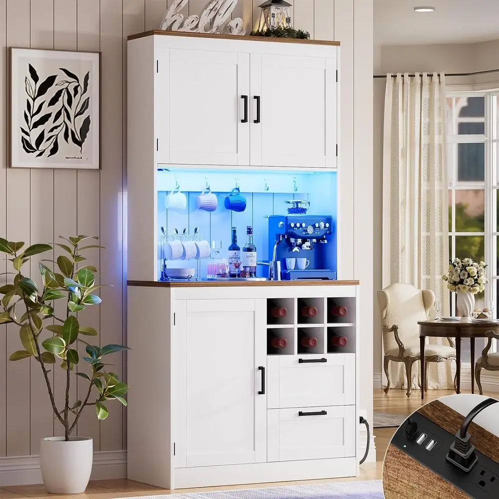 

White Kitchen Pantry Cabinet with LED Light, Outlet, Microwave Stand, Wine Rack, and Storage Shelves