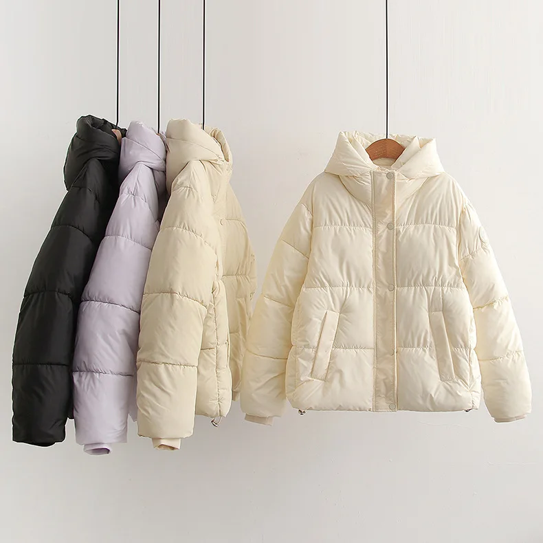 [مخزون جاهز] سترة نسائية شتوية سميكة ودافئة عالية الجودة من القطن سترات نسائية بأكمام مستديرة وقلنسوة وسترات صغيرة سميكة