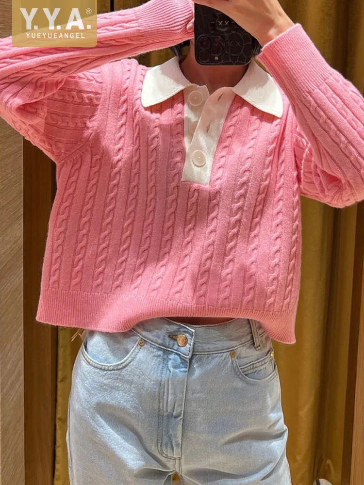 Preppy Style Women Mixed Color Lapel Collar Loose Fit Sweater Tops Autumn Long Sleeve Casual Knitted Pullover Jumpers Streetwear