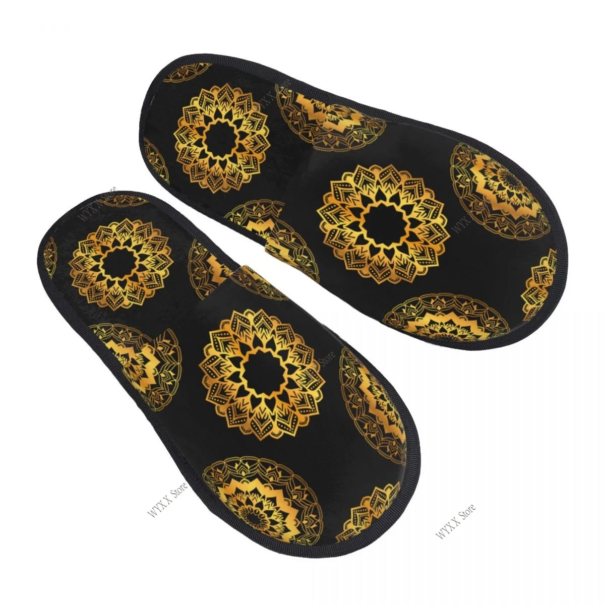 Men Women Plush Indoor Slippers Golden Flowers Warm Soft Shoes Home Footwear Autumn Winter