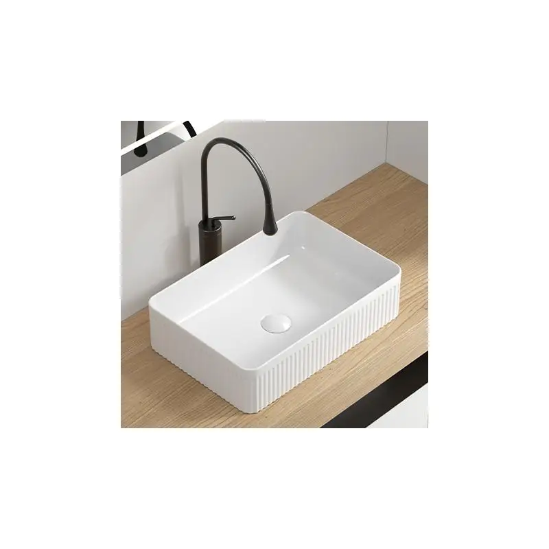 Fregadero rectangular moderno sobre encimera en cerámica de porcelana blanca para tocador de baño - Diseño de lavabo artístico
