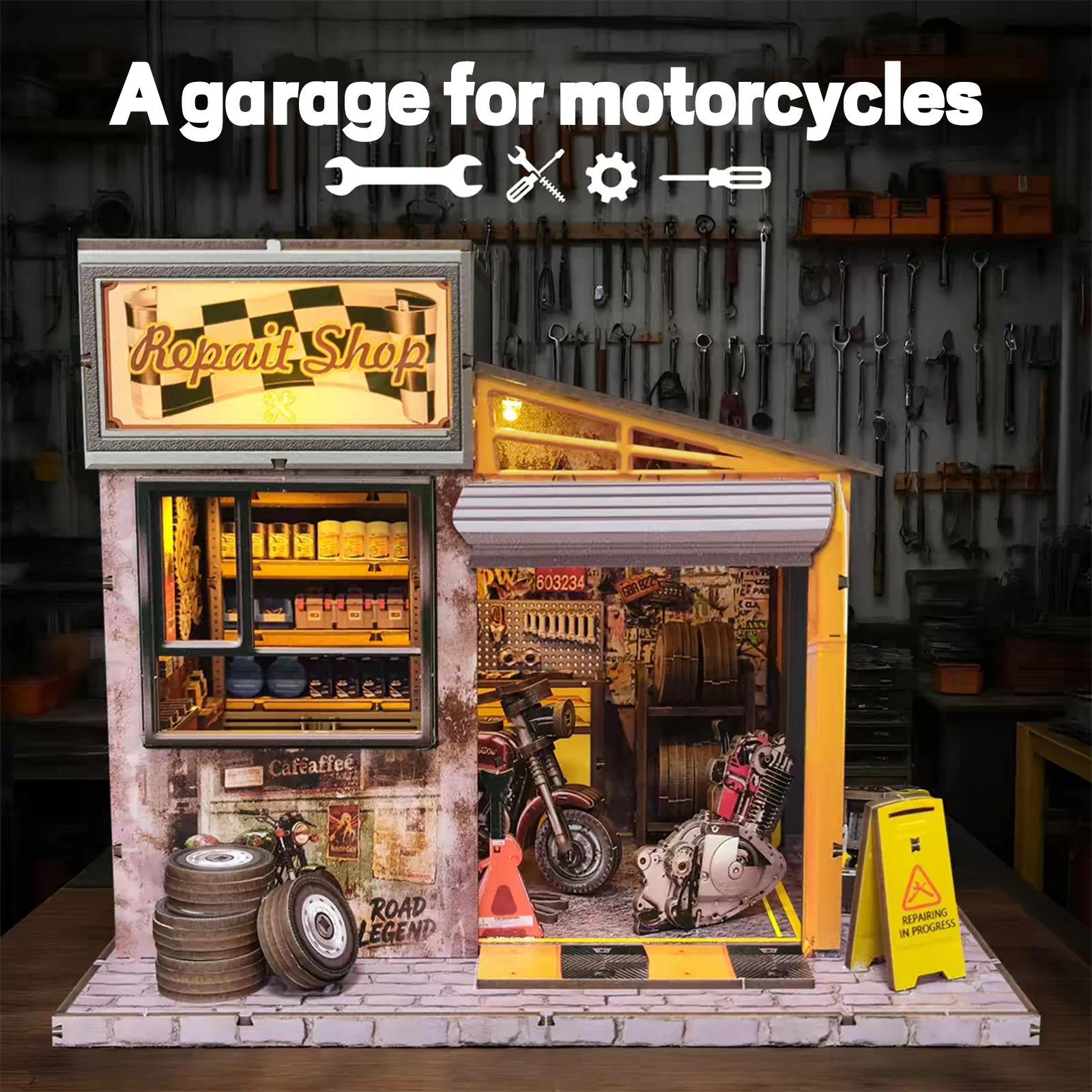

3d wooden puzzle for adults Moto Repair Garage book nook with lights model kit dollhouse DIY miniature house Birthday and Christ