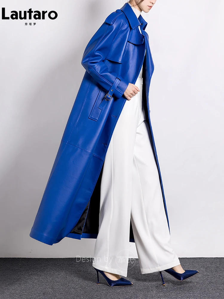 Lautaro Spring Autumn Extra Long Luxury Elegant Blue Soft Pu Leather Trench Coat for Women Stylish Runway European Fashion 2023