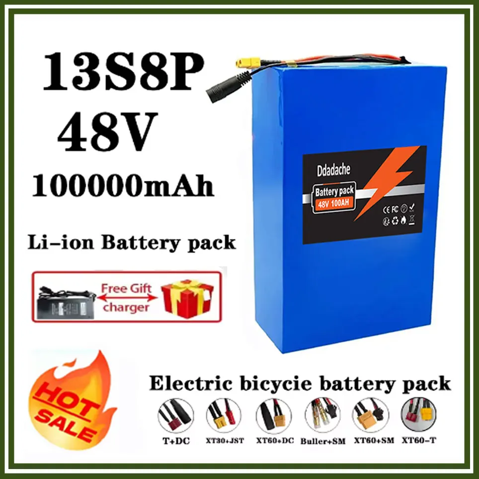 Batterie au lithium 13S8P 48V 100Ah 18650, grande capacité 10000mAh, adaptée pour 48V 250-1500W, BMS intégré + chargeur 54.6V2A
