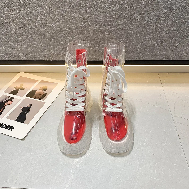 Fashion Cool Boots Women 2023 New Summer Performance Fully Transparent Ankle Boots Women Platform Lace Up Short Boots Rain Boots