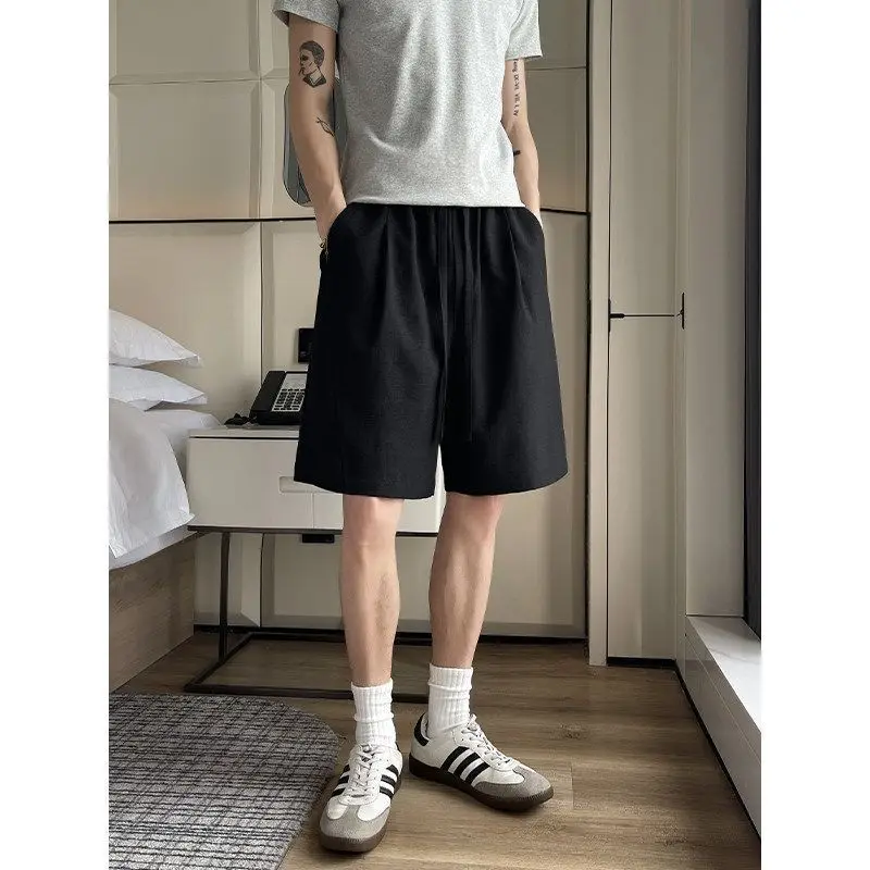 Mens Elastic Drawstring Waist Loose Wide Leg Solid Casual Bermuda Shorts