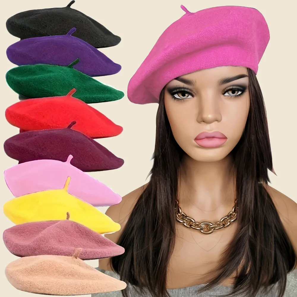

Women's chic retro style beret, classic French style, breathable elastic knit, perfect choice for autumn and winter fashion, han