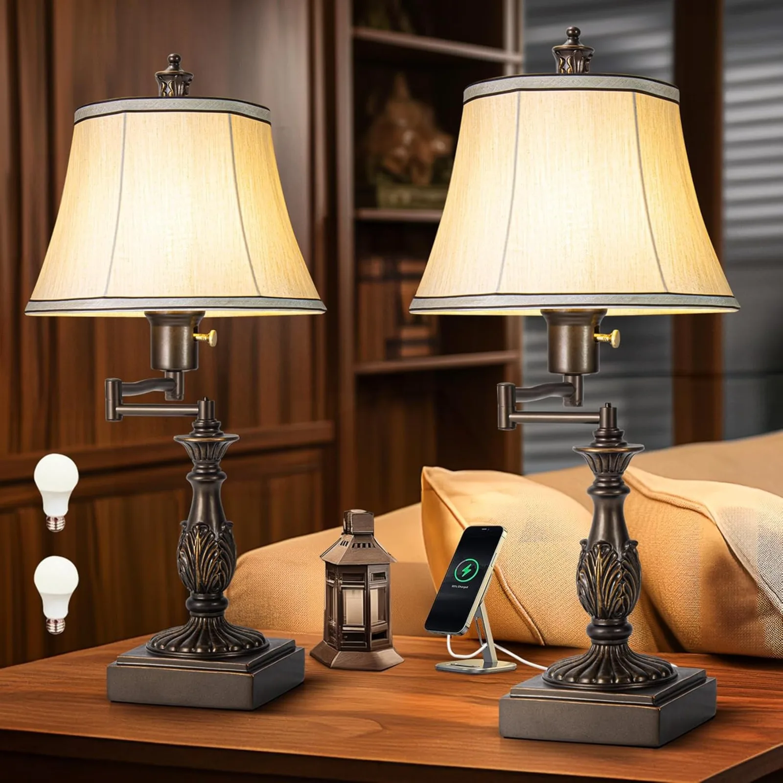 

US Rustic Traditional 350° Adjustable Swing Arm Table Lamp Set of 2 with USB A+C Ports Brown Finish Cream Shade Vintage