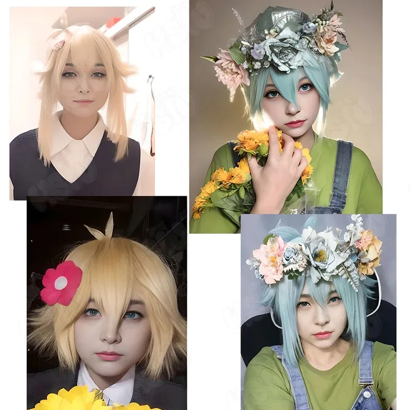 Basil Cosplay Wig Game OMORI Cosplay HSIU 35cm shallow lake green yellow short hair Heat Resistant Synthetic Wig+Wig cap