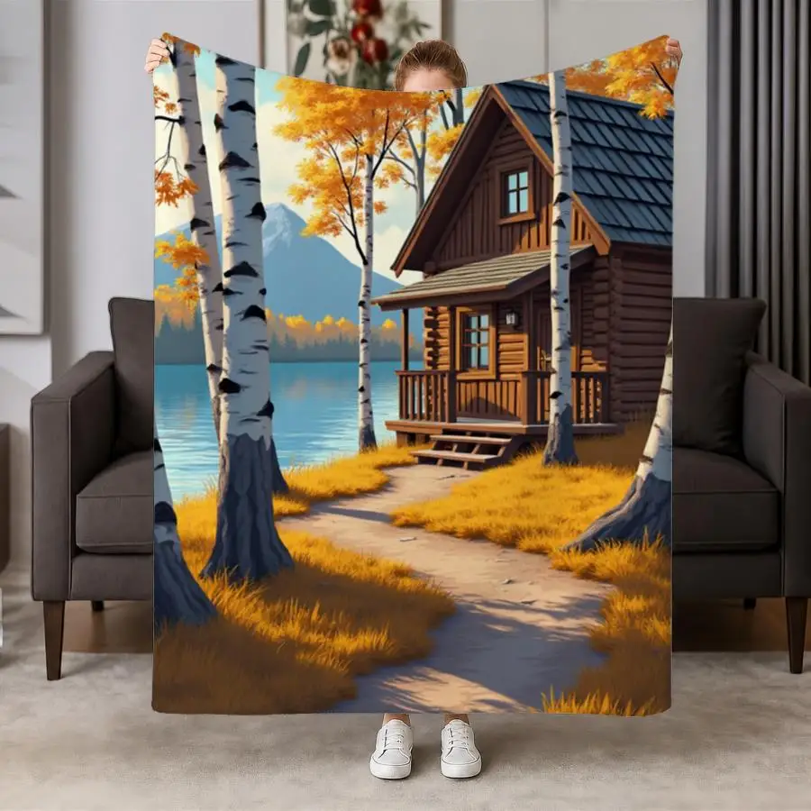 Serene Autumn Cabin Flannel Throw Blanket-Soft & Warm Birch Forest Design with Golden Foliage and Lake View, Ideal for Couch, Bed, Office & Travel, Perfect Vintage-Style Gift for Family and Friends, Machine Washable 2D Flat Weighted Blanket 280GS