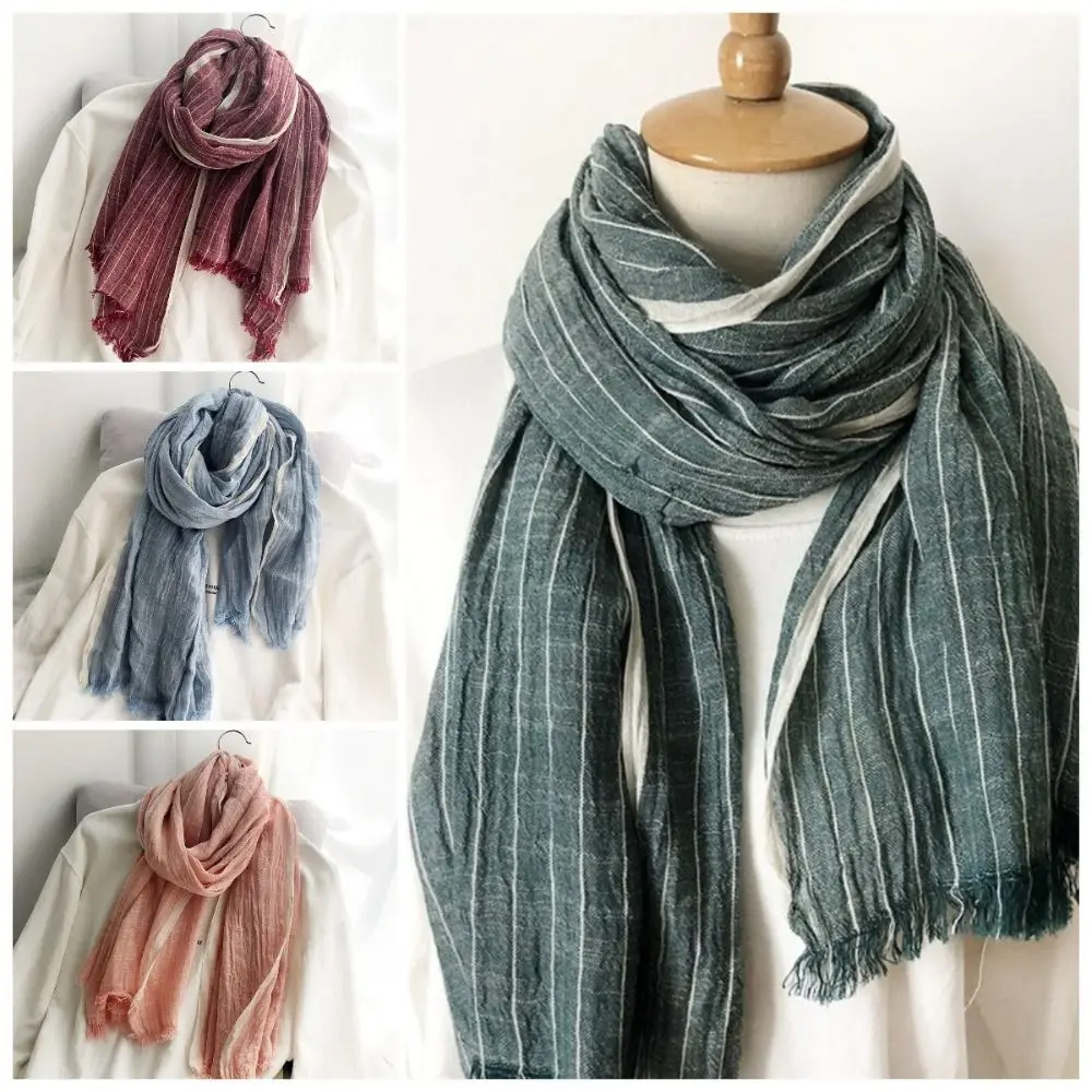 Simple Cotton Linen Striped Pleated Shawl Windproof Soft Winter Cashmere Scarf Thicken Casual Men Scarf Unisex