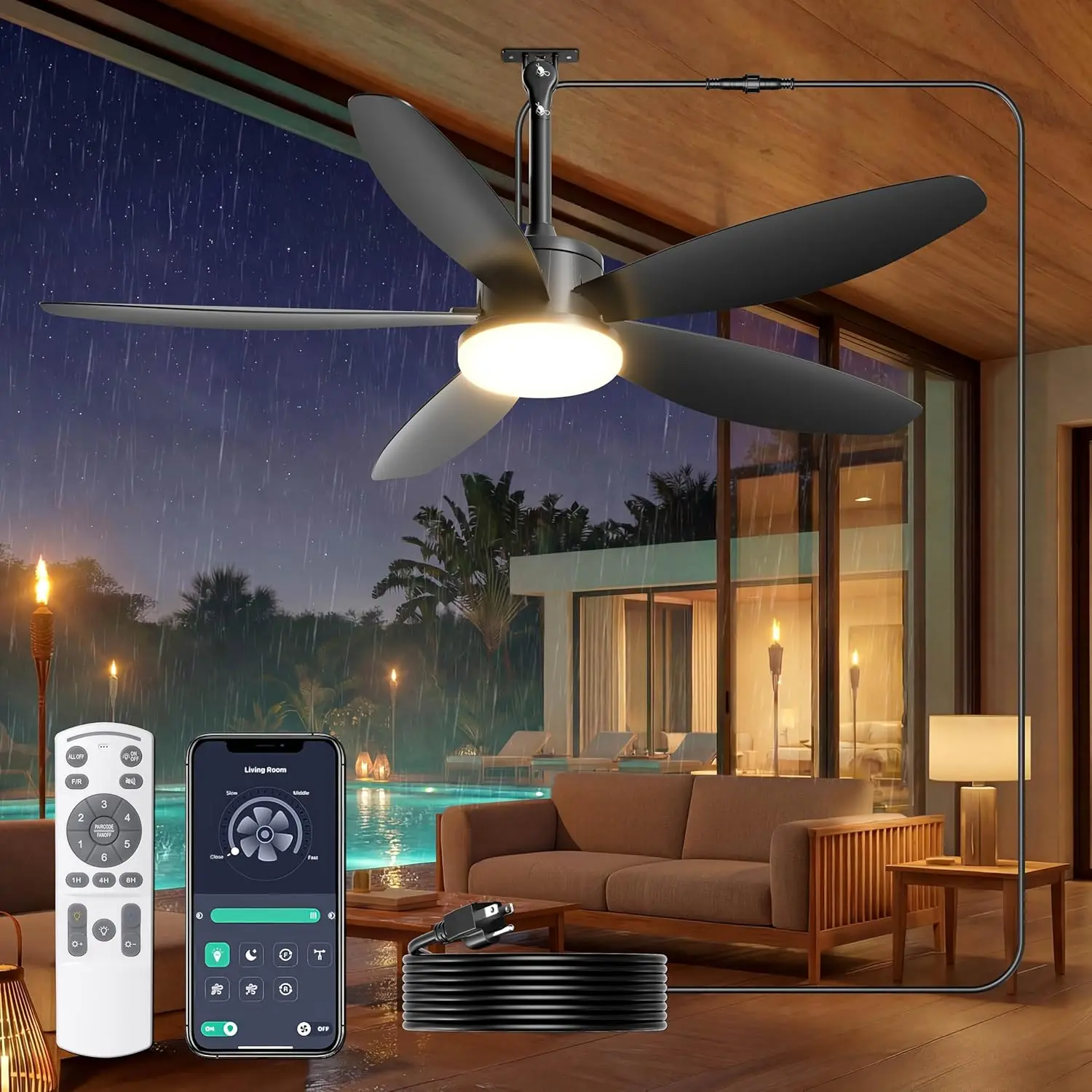 

Outdoor Ceiling Fan with Lights, 42 Inch Plug in Gazebo Fans with Remote APP Control, Quiet DC Motor, Dimmable 3CCT, Waterproof