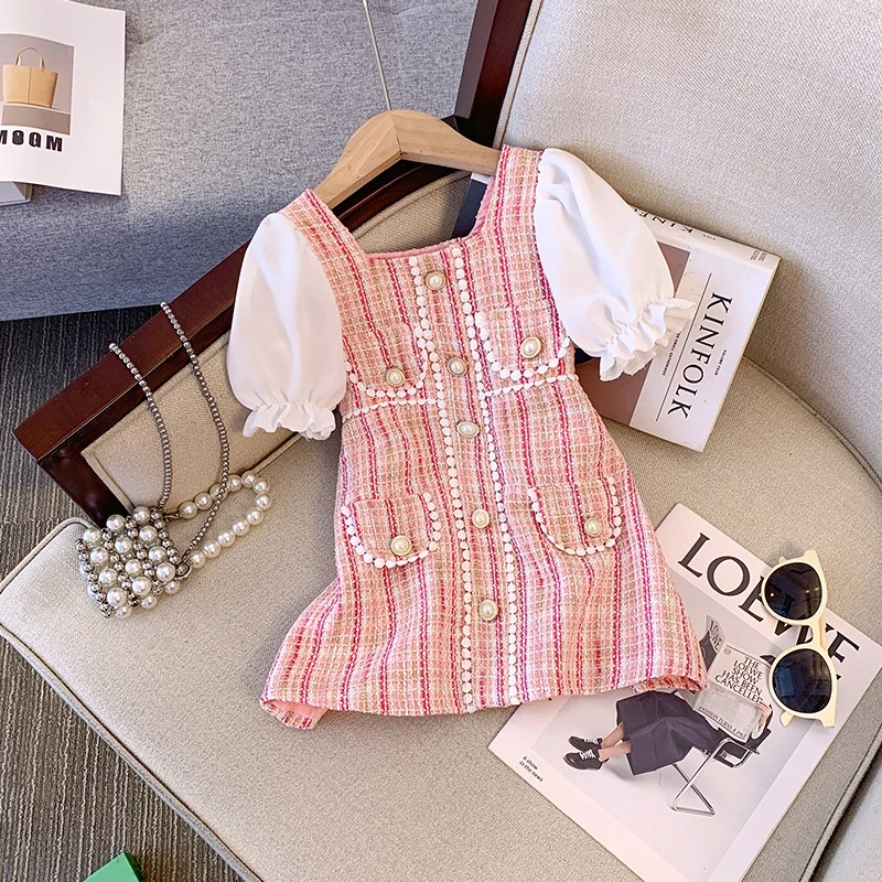 Summer Kids Girl Clothes Toddler Baby Girl Elegant Dress Puff Short Sleeve Pearls Button Party Dresses Outfit Sets For Children