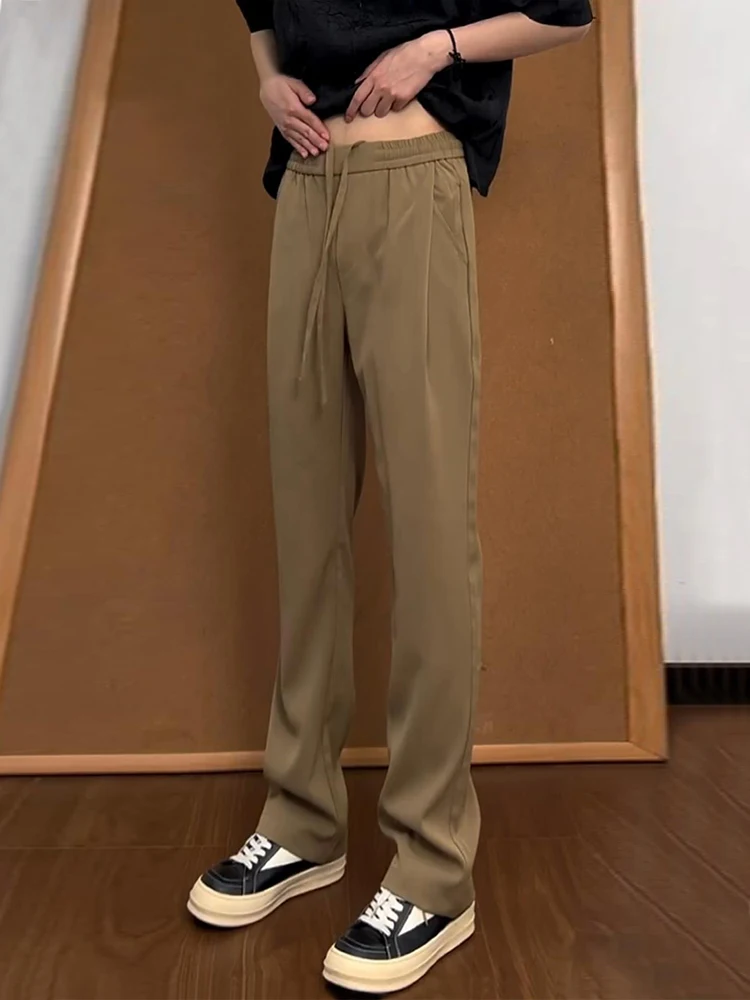 

Коричневые брюки из ледяного шелка прямого кроя в американском повседневном стиле для мужчин, летние, струящиеся, комфортные, со средней талией, с низкой эластичностью