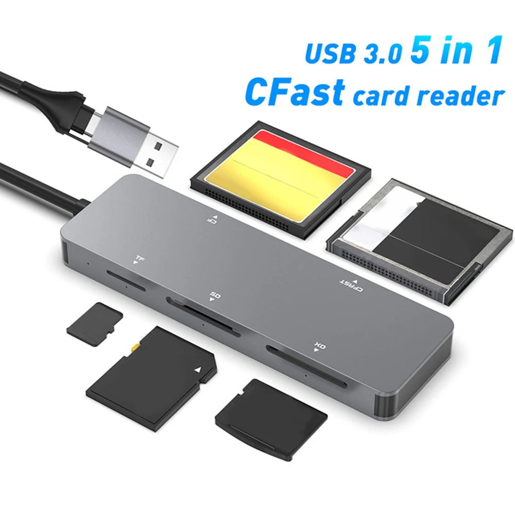 Pembaca Kartu 5 In 1 Semua Dalam Satu 5Gbps CFast + XD + CF + SD + TF Pembaca Kartu Memori Adaptor Tipe C & USB A untuk Aksesori Laptop PC
