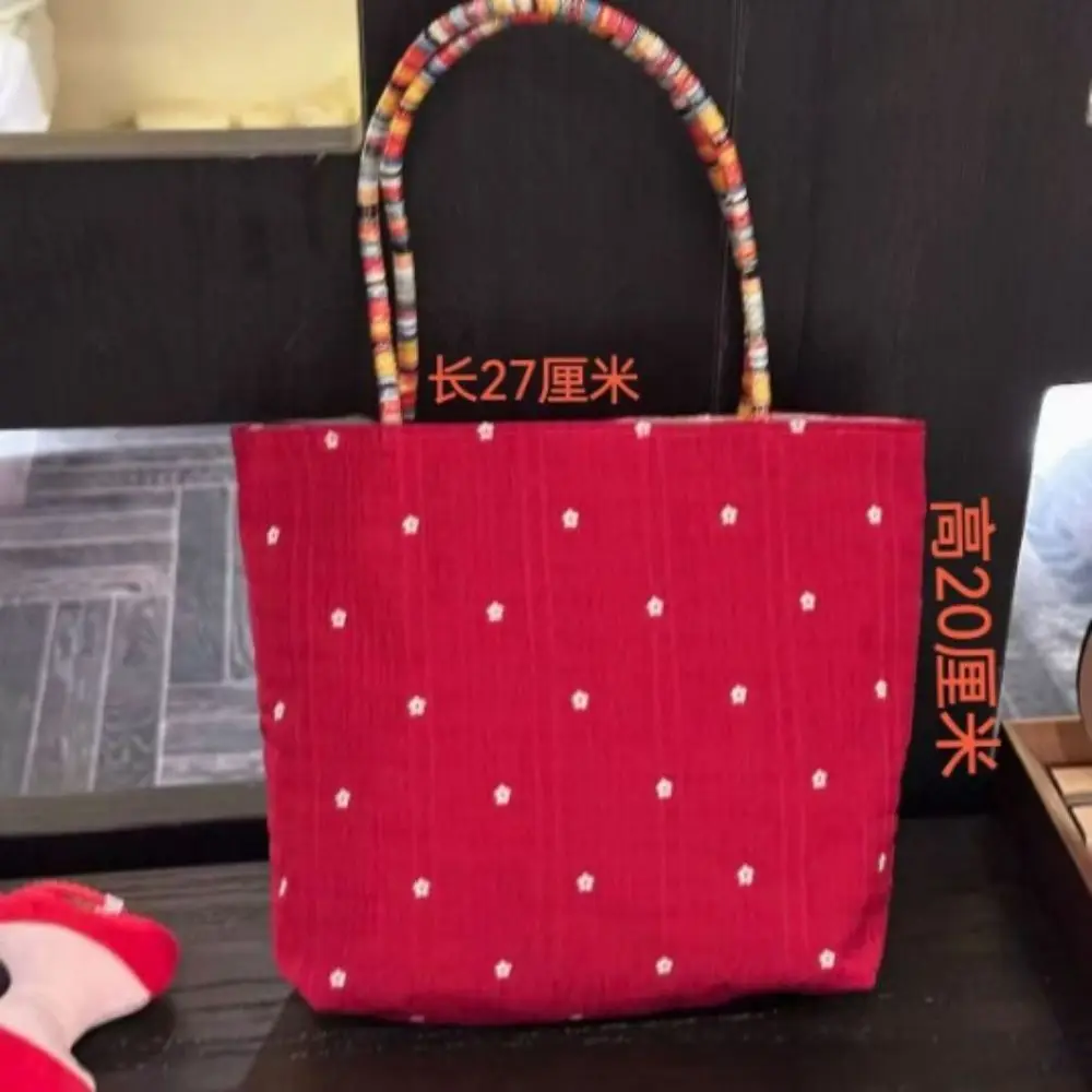 New Polyester Floral Tote Bag Red Floral Pattern Large Capacity Shopping Tote Bag Contrast Handheld Without Pendant Shopping Use