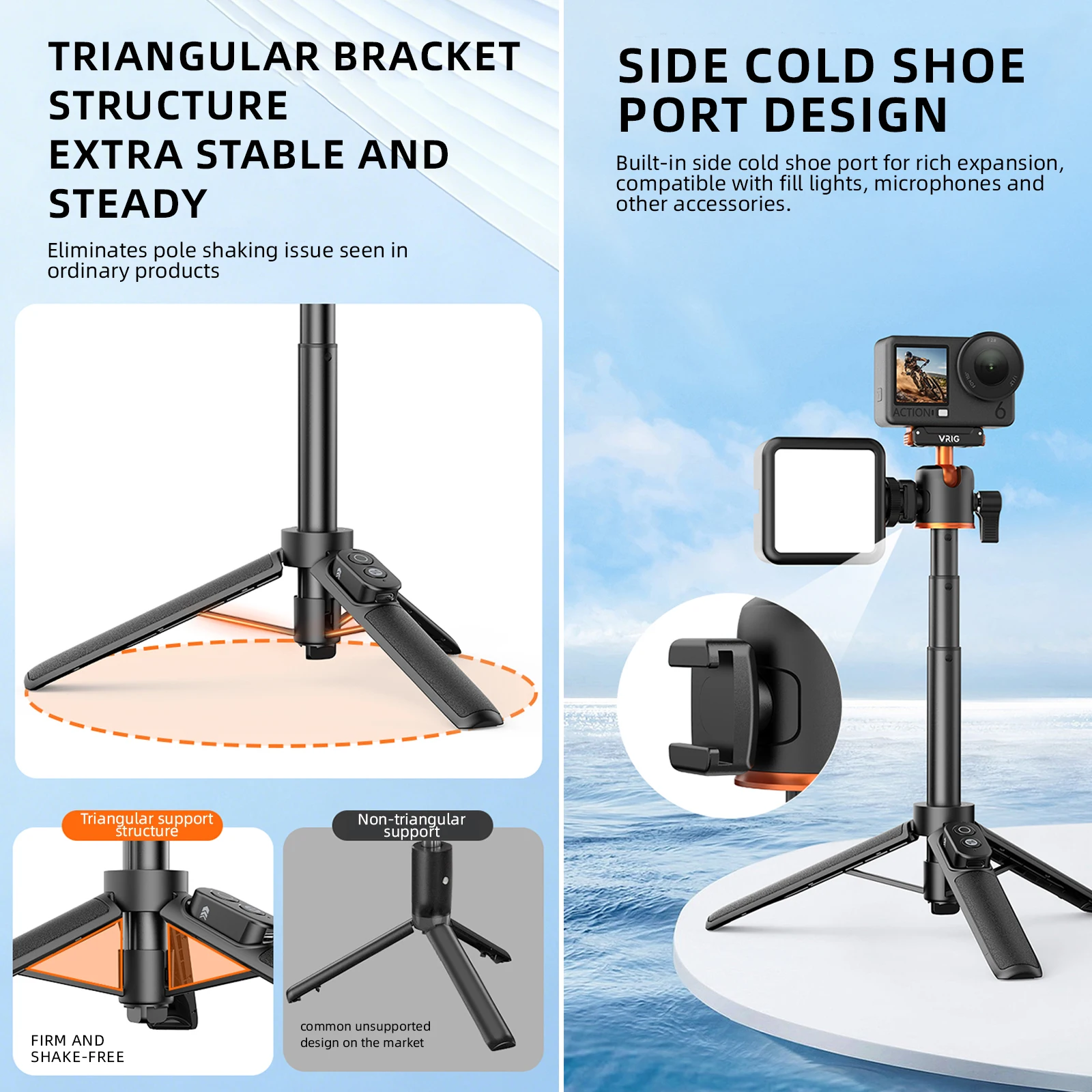 VRIG Magnetic Tripod for DJI Osmo Action 6 5 4 3 Adjustable Selfie Stick Stand Action Camera Accessories w 360 BallHead&ColdShoe
