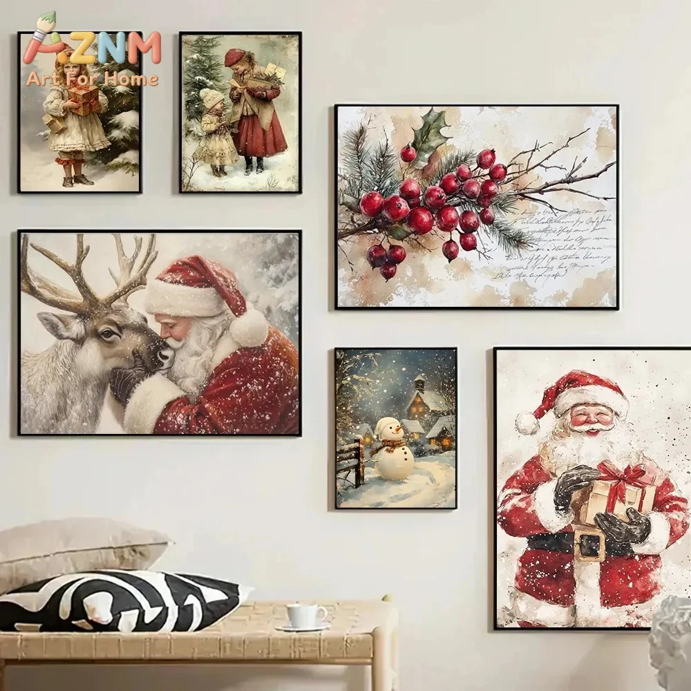 Vintage Christmas Poster Print for Living Room Winter Xmas Santa Claus Decoration Merry Christmas Tree Canvas Painting Wall Art - view 2