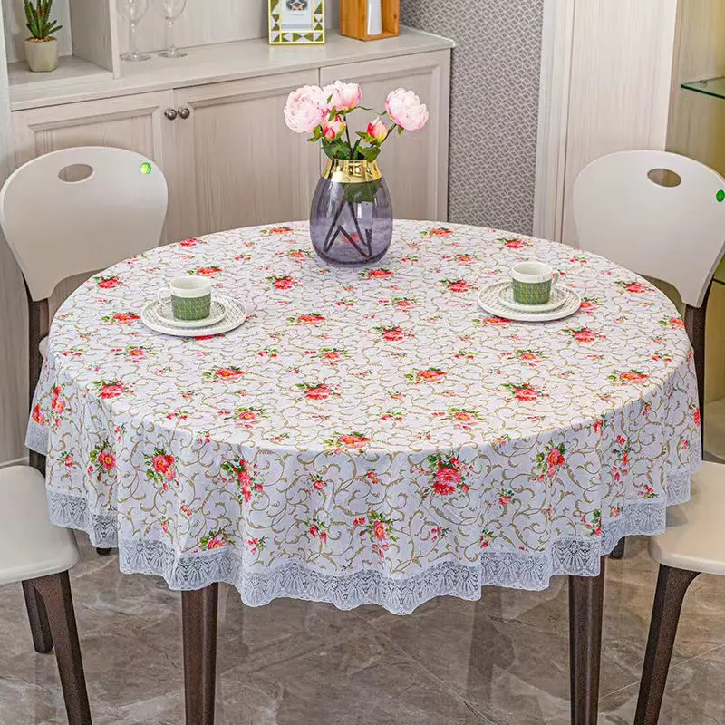 High-end checkered round waterproof and stain-proof floral disposable tablecloth