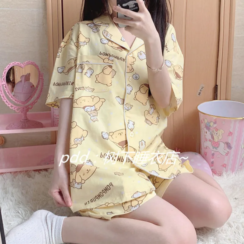 Sanrio Cute Pom Pom Prin Cinnamoroll Cardigan Sleepwear Women\'s Summer Thin Short Sleeved 2 Pcs Shorts Cartoon Home Clothes Set