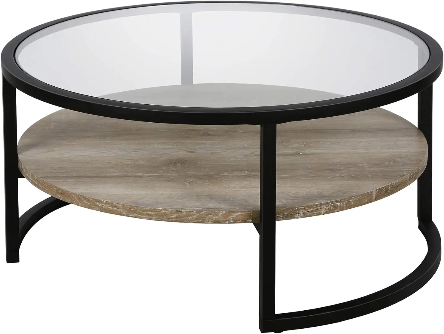 34.75'' Round Glass Top Coffee Table in Blackened Bronze with Limed Oak Shelf, 2-Tier Center Table for Living Room