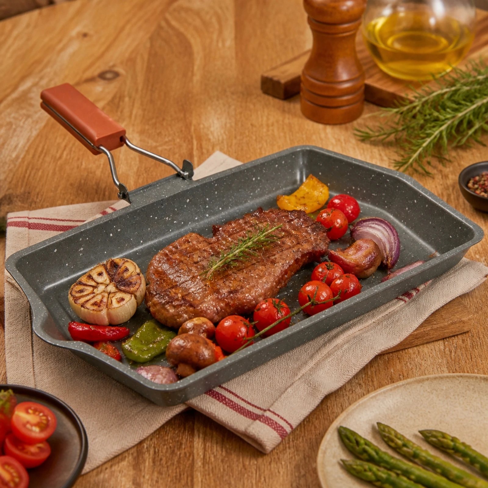 Bandeja de Barbacoa de Aleación de Aluminio 34x22x3cm con Mango Plegable para Cocina de Inducción y Gas, Plancha Antiadherente Rectangular para Asar Carne y Verduras en Casa y Camping