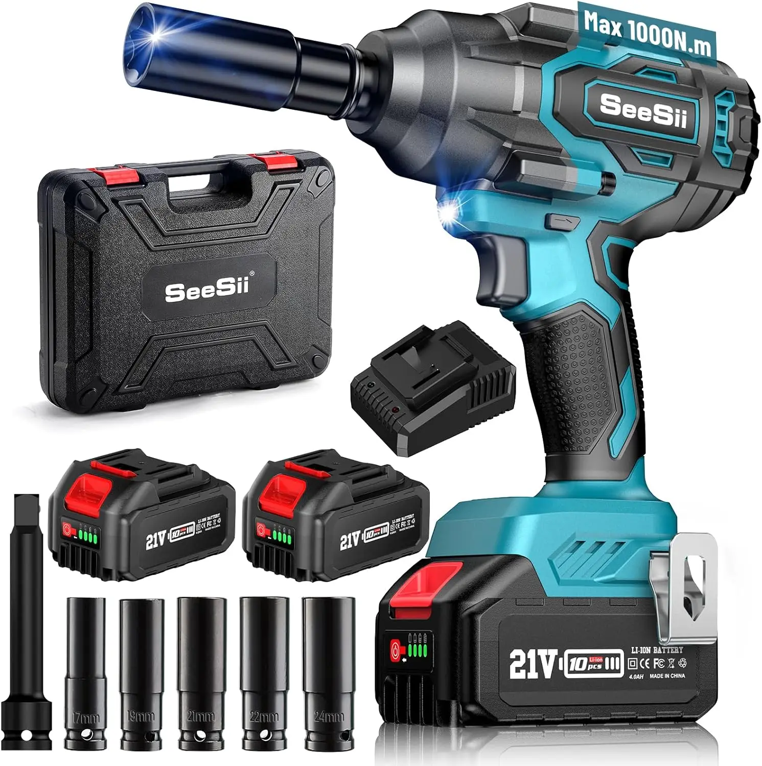 

Seesii 1000Nm(738ft-lbs) Cordless Impact Wrench High Torque,1/2" Brushless Impact Gun w/Two 4.0AH Battery,Fast Charger, 5 Socket