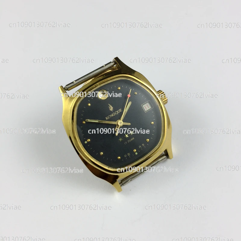 Produced Peacock Brand Single Calendar Yellow Shell Black Surface Manual Mechanical Watch Diameter 34 Mm Free Strap