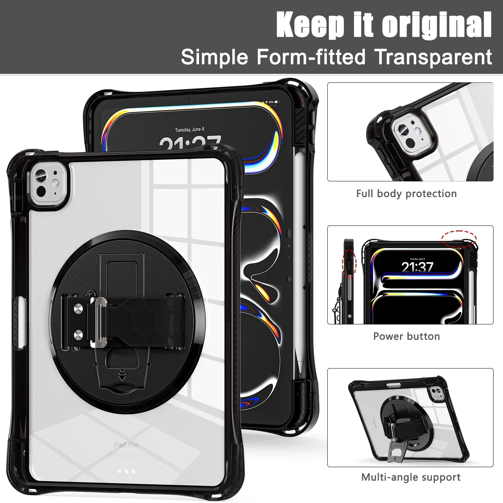 Hand Band Rotation Stand Tablet Case For iPad 2025 Pro 13 11 Air 4 5 6 7 8 9 10th 11th Generation Mini Cases Clear Cover