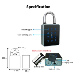 Serrure de Porte Intelligente Portable, Bluetooth TTlock, Application, Mot de Passe Étanche, 13.56KHz, Carte RFID, USB, 6 Voies de Déverrouillage