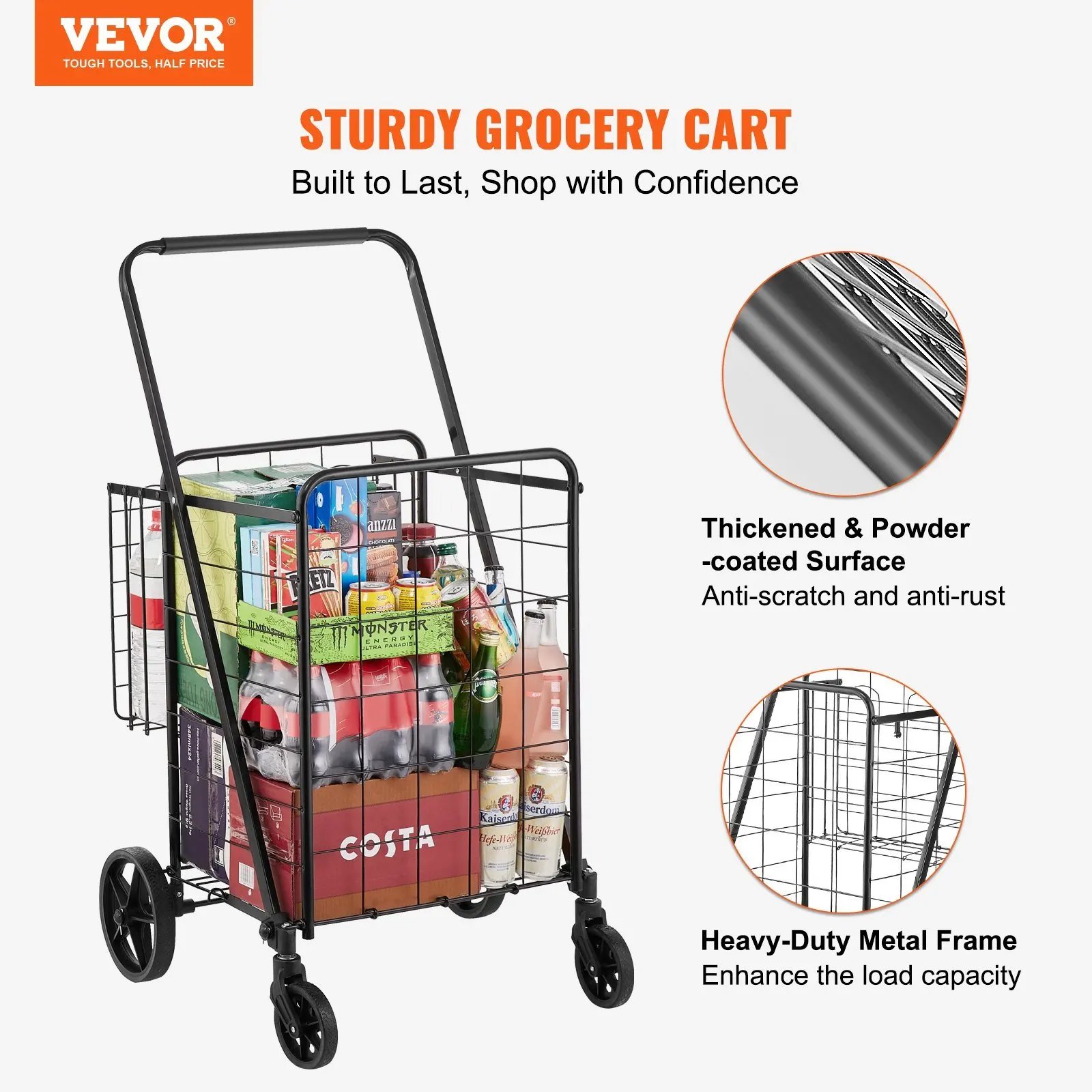 Folding Shopping Cart, Jumbo Grocery Cart with Double Baskets, 360° Swivel Wheels, Heavy Duty Utility Cart, 110 LBS Large Capaci