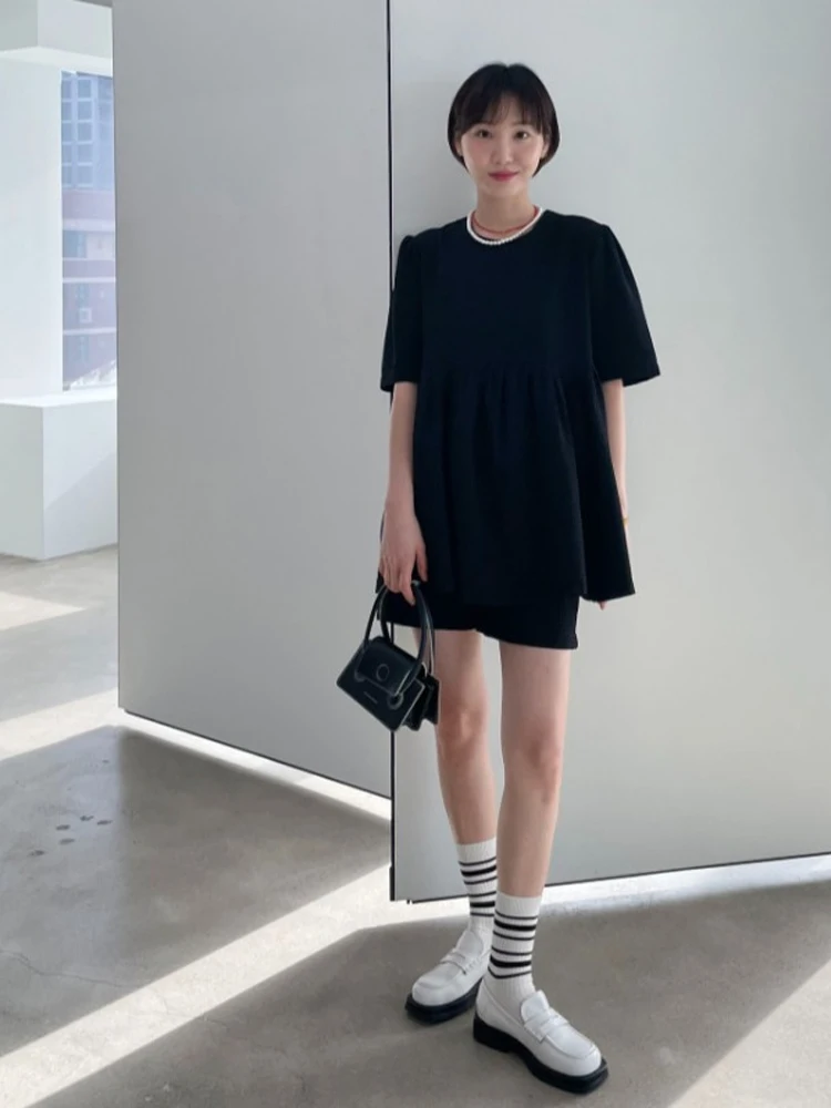 

Faionable Casual round Ne Two-Piece Set Women's Summer Gingham Loose Doll Top with Loose orts Chic Student orm