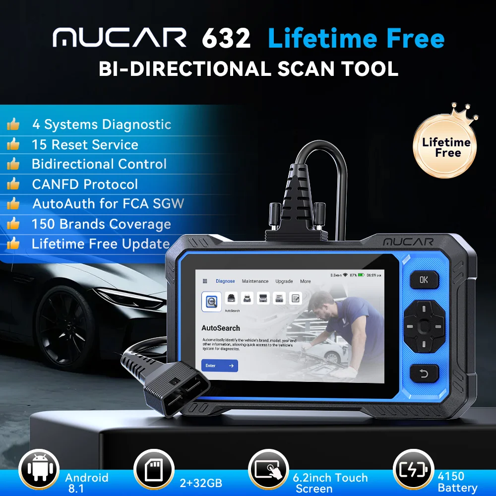 أداة تشخيص MUCAR 632 AI الذكية Obd2 CANFD Protocal ECM/Transmission/ABS/SRS Diagnosis 15 إعادة تعيين تحديث مجاني مدى الحياة