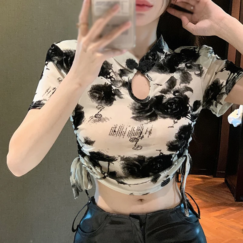 Short Drawstring Women's Tops Short Sleeves Slim Fitting Ink Painting T-shirts Chest Hollowed Out Design