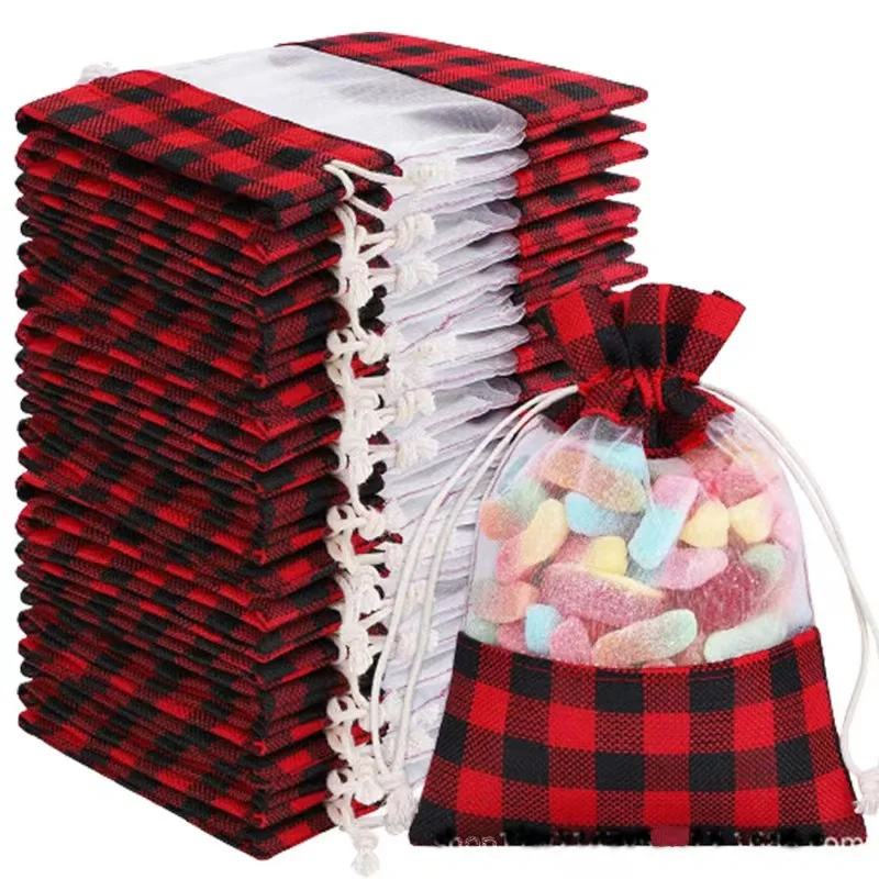 5pcs Christmas Plaid Candy Bag Open Window Gift Bag Cotton Cloth Drawstring Gift Packing Bags Christmas Eve Party Gift Pouch