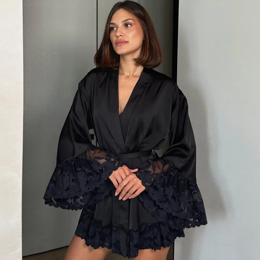 Purple Elegant Woven Inelastic Women'S Nightgown Lace Long Flare Sleeve Collar Short Robe Satin Reflective Lace-Up Nightgowns