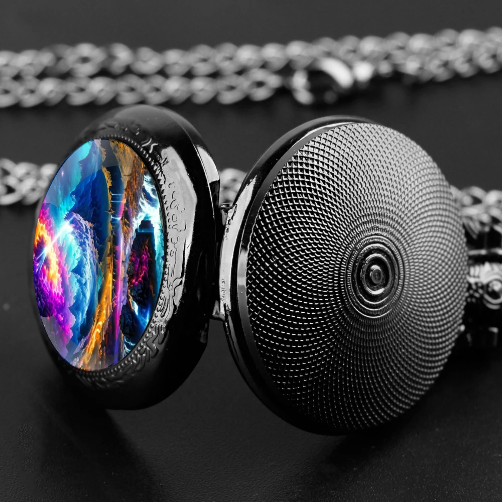 Orologio da tasca al quarzo nero con cupola in vetro Aurora World con quadrante con numeri arabi e catena resistente, regalo per uomini e donne