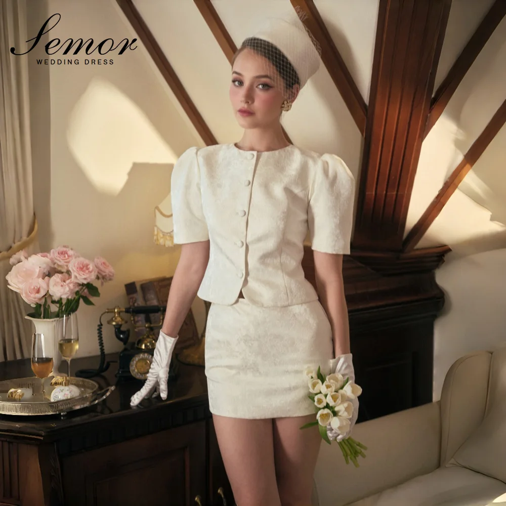 Semor Customized Ivory Puff Short Sleeve Wedding Dress Short Bride Gown 2 Pcs Button Jacket Mini Skirt Vintage свадебное плать