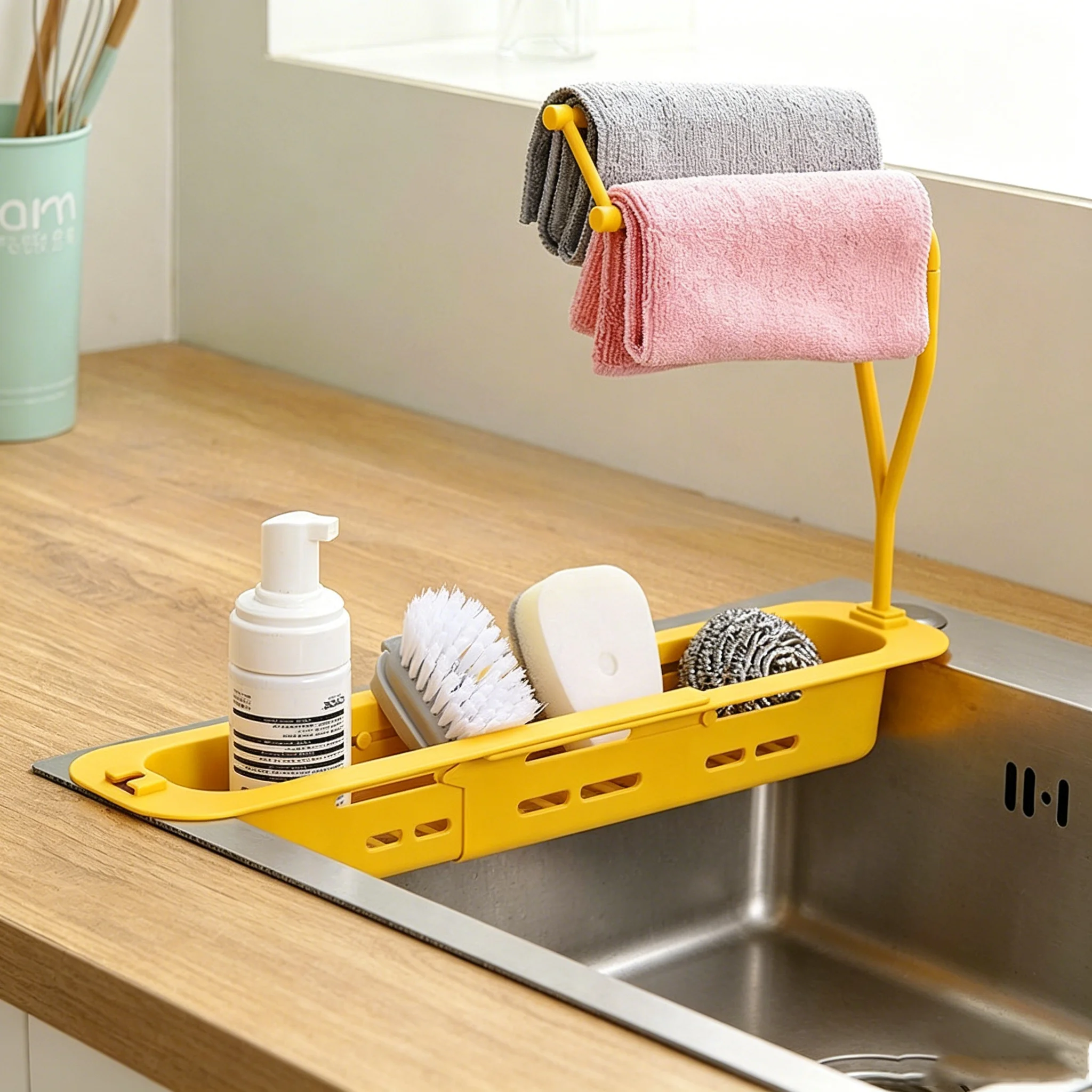 1 Piece of Multifunctional Adjustable Kitchen Plastic Storage Rack with Towel Rack and Drain Basket, Can Be Installed on Both Sides of the Sink, the Length Can Be Freely Adjusted, and Can Be Used as a Drain Rack and Storage Rack