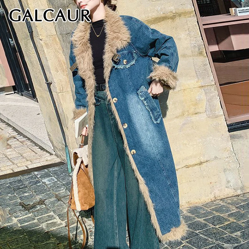 GALCAUR Women Quilted Coat Patchwork Denim Design Fur Collar Long Sleeves Loose Midi Length Winter Streetwearoutwear Female New