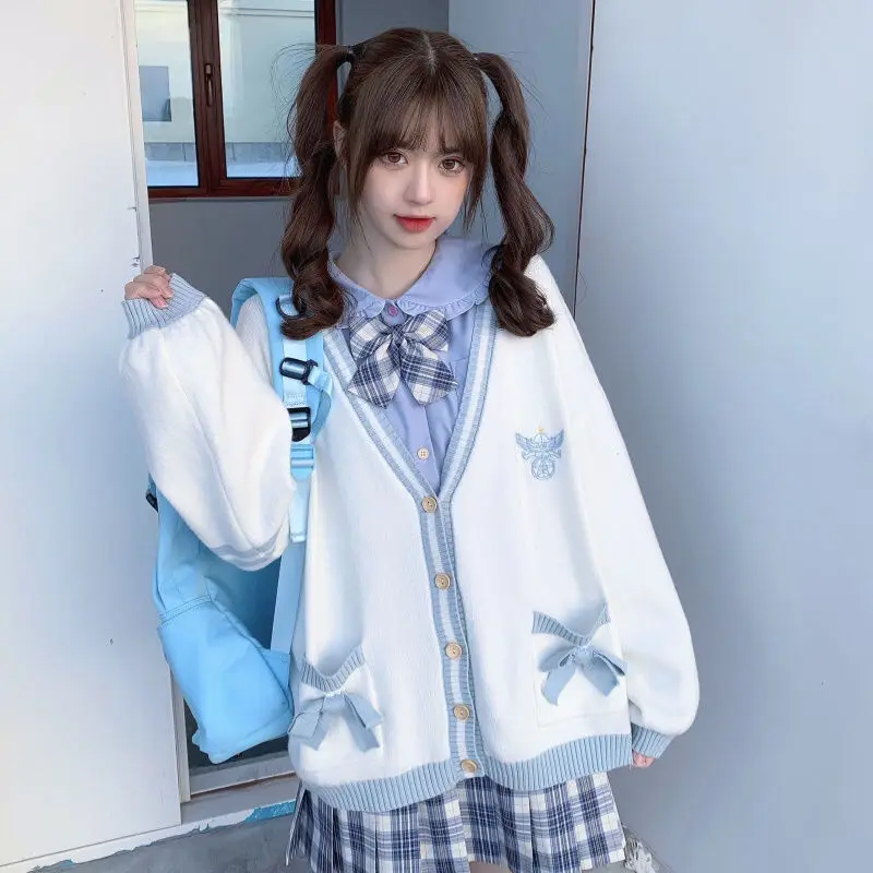 Winter Japanese Kawaii Fashion Pink Cardigan Women Harajuku Knitted Sweater Cute Bow Heart Korean College Style JK Uniform Coat